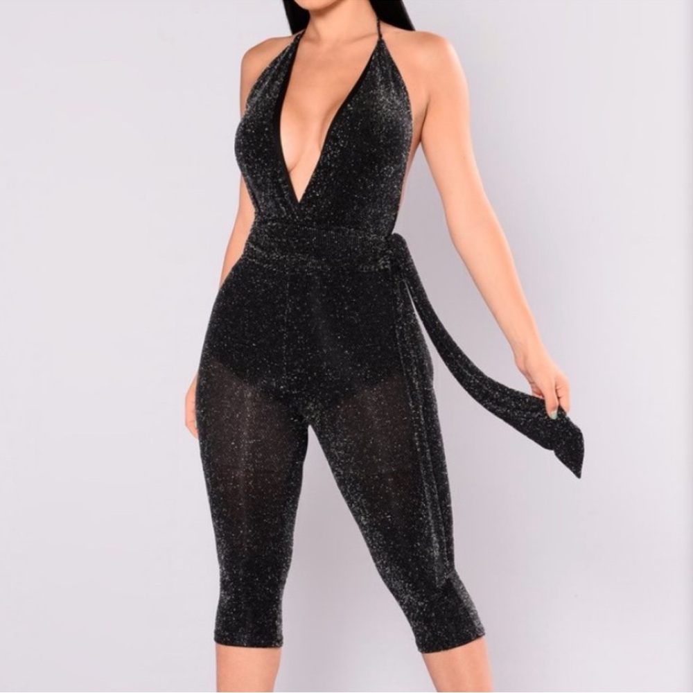 FASHION NOVA Glittering Black Halter Capri Jumpsuit